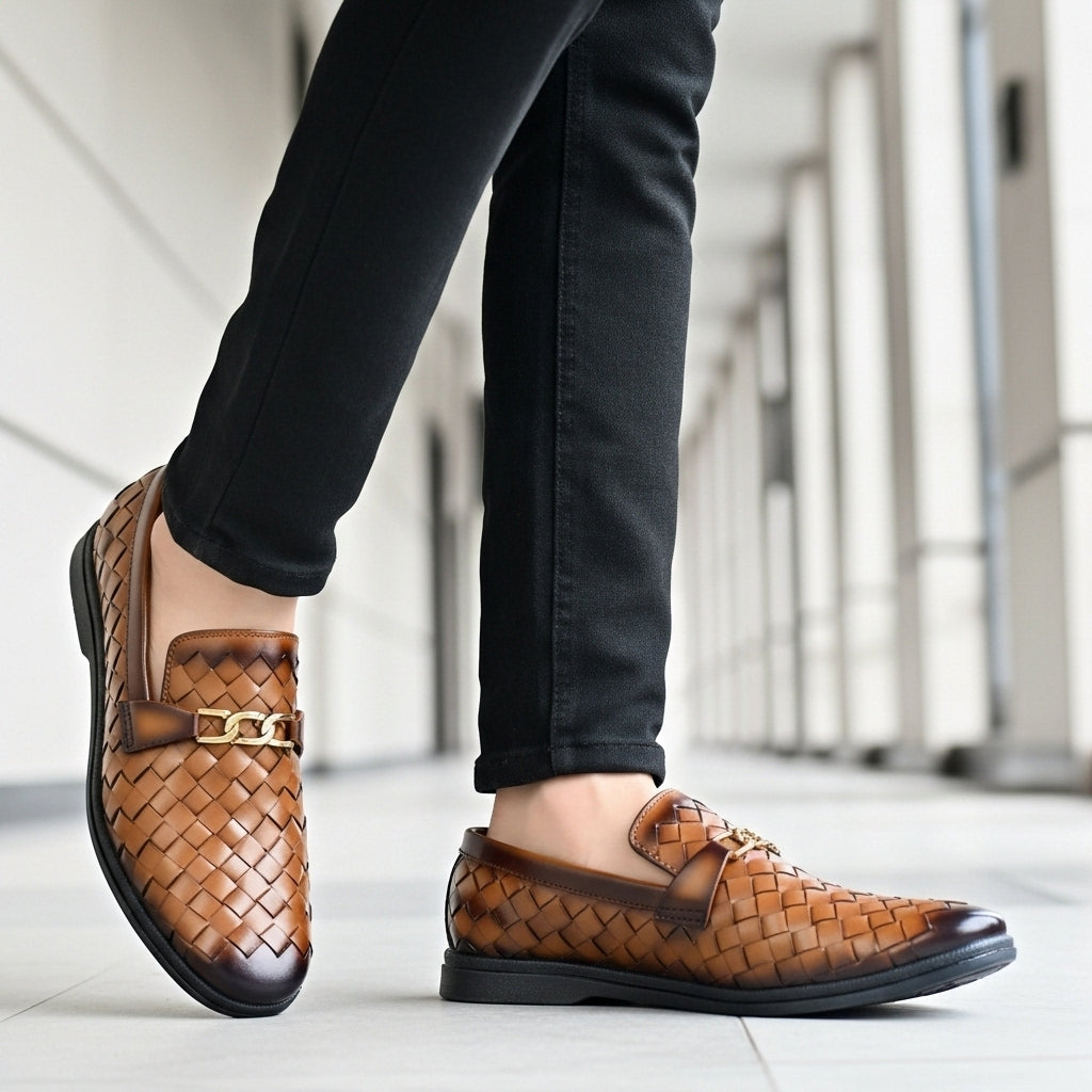 Woven Brown Leather Loafer | Premium Quality | All Season Shoe