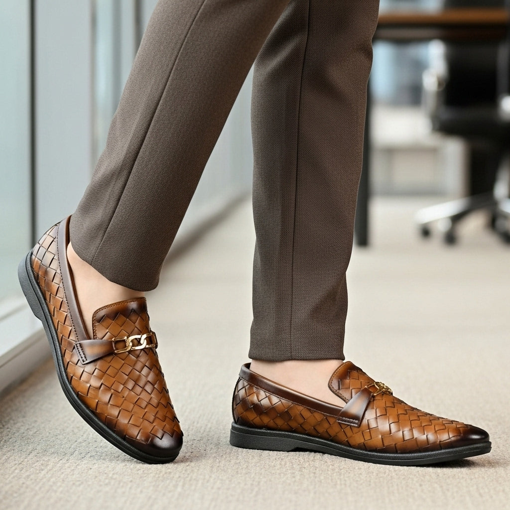 Woven Brown Leather Loafer | Premium Quality | All Season Shoe