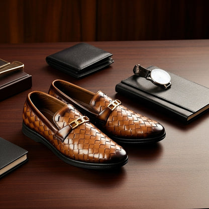 Woven Brown Leather Loafer | Premium Quality | All Season Shoe