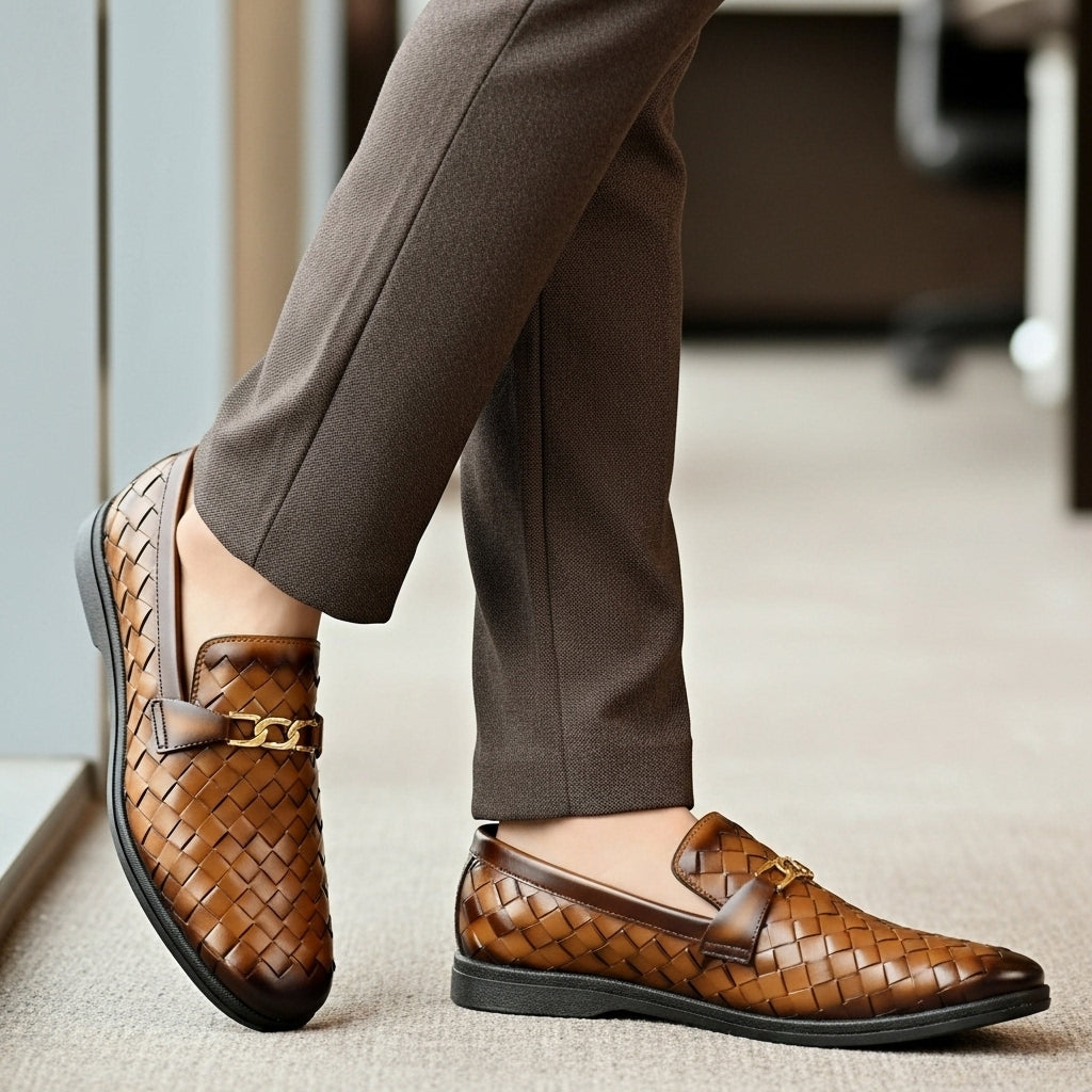 Woven Brown Leather Loafer | Premium Quality | All Season Shoe