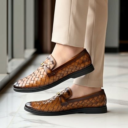 Woven Brown Leather Loafer | Premium Quality | All Season Shoe