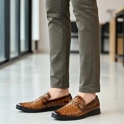 Woven Brown Leather Loafer | Premium Quality | All Season Shoe